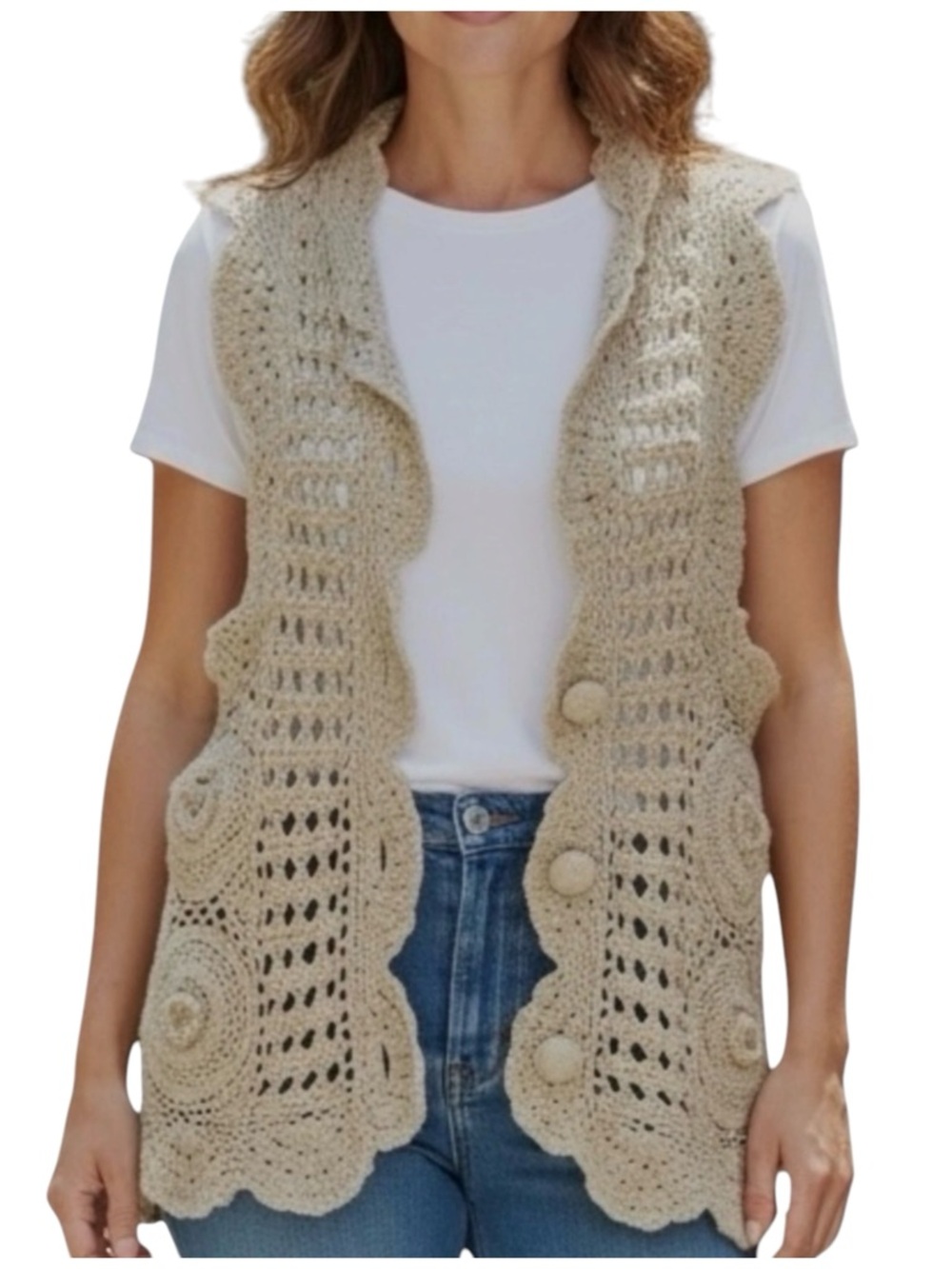 Tan Crocheted Ramie and Cotton Boho Festival Button-up Vest - One Size